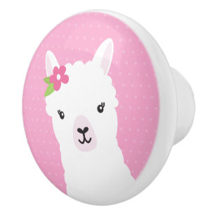 Floral Llama Alpaca Pink Ceramic Knob