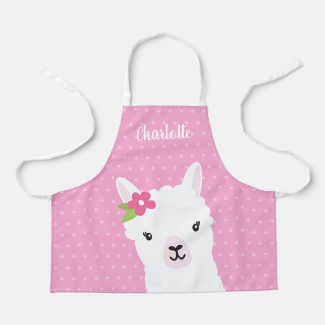 Floral Llama Alpaca Pink Girl Personalized Kids Apron (Front)