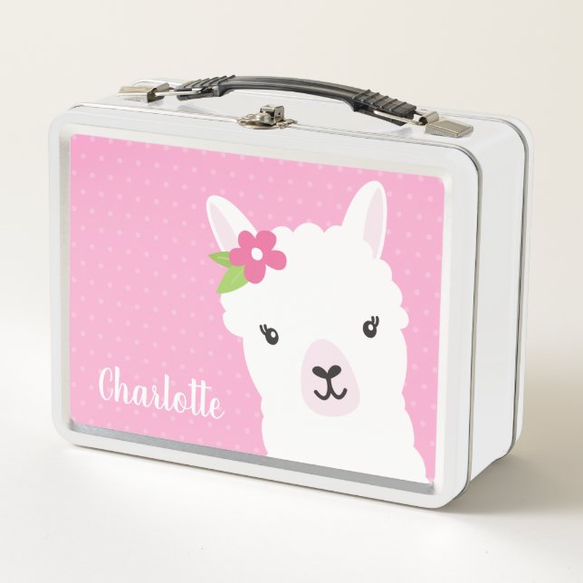 Floral Llama Alpaca Pink Personalized Girl Metal Lunch Box (Front)