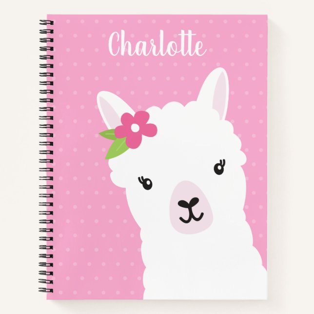 Floral Llama Alpaca Pink Personalized Girl Notebook (Front)