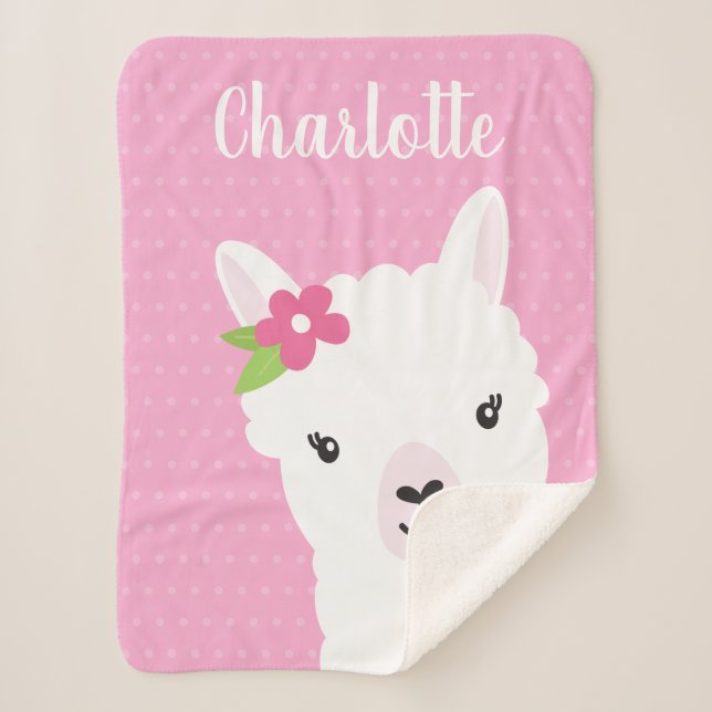 Floral Llama Alpaca Pink Personalized Girl Sherpa Blanket (Front)