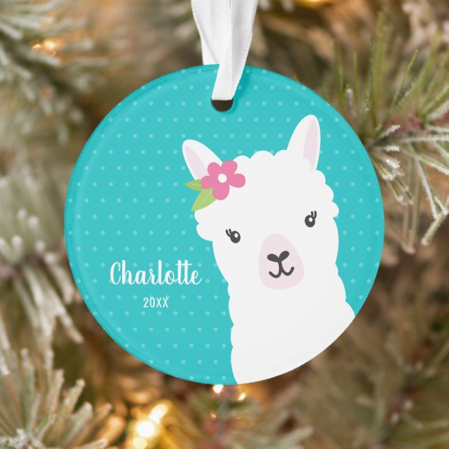 Floral Llama Alpaca Teal Girl Christmas Ornament (Tree)