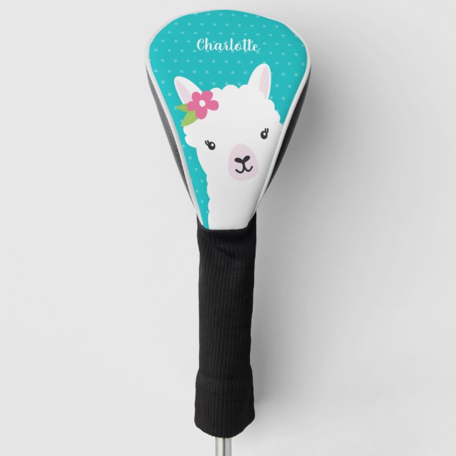 Floral Llama Alpaca Teal Girl Personalized Golf Head Cover (Front)