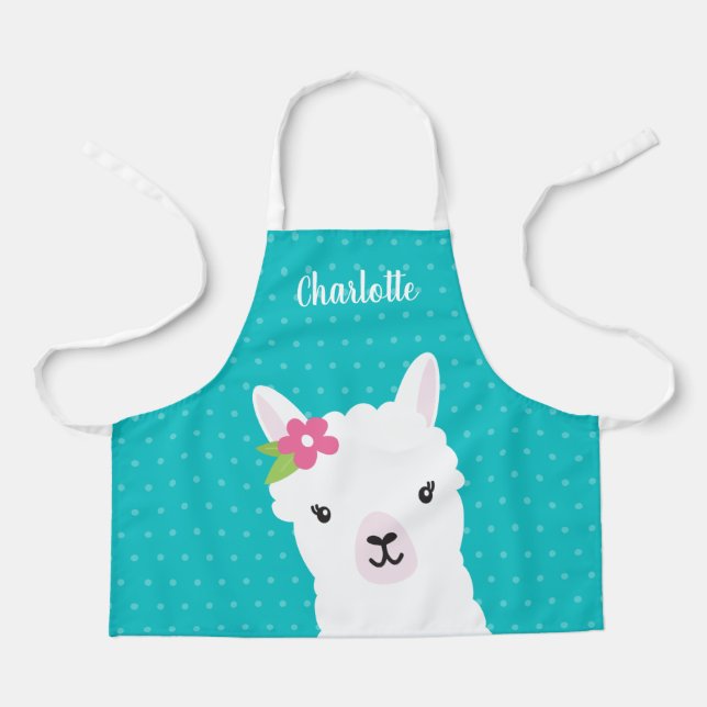 Floral Llama Alpaca Teal Girl Personalized Kids Apron (Front)
