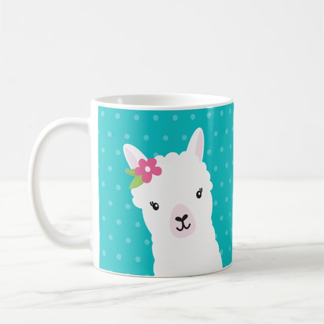 Floral Llama Alpaca Teal Personalized Coffee Mug (Left)