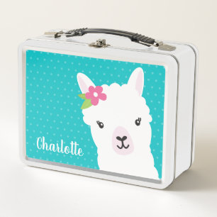 Floral Llama Alpaca Teal Personalized Girl Metal Lunch Box