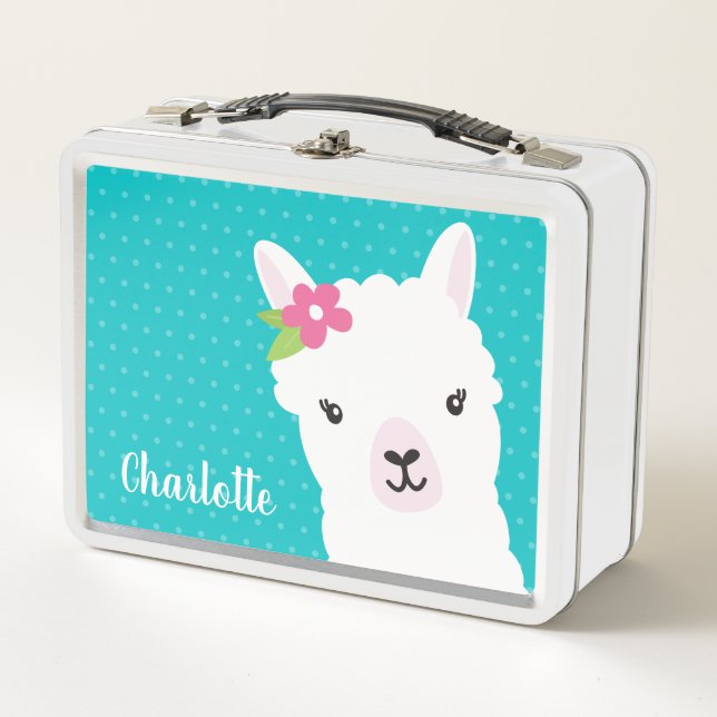 Floral Llama Alpaca Teal Personalized Girl Metal Lunch Box (Front)