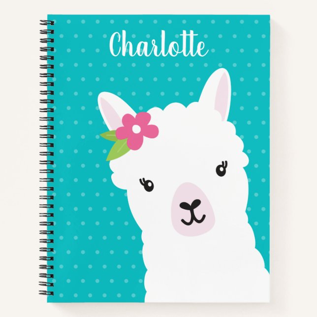 Floral Llama Alpaca Teal Personalized Girl Notebook (Front)