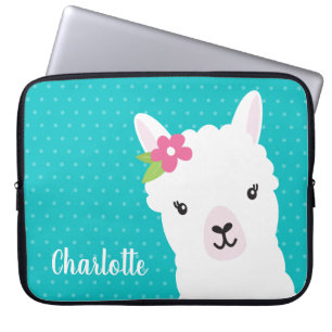 Floral Llama Alpaca Teal Personalized Laptop Sleeve