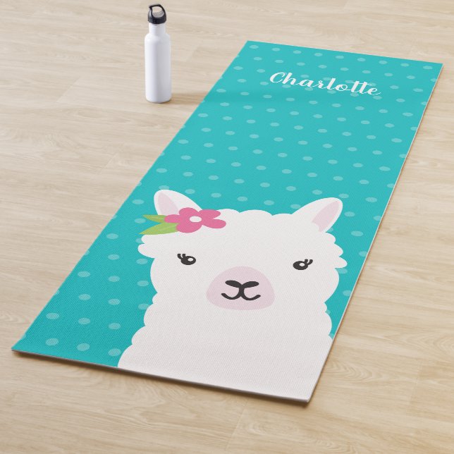 Floral Llama Alpaca Teal Personalized Name Yoga Mat (In Situ)