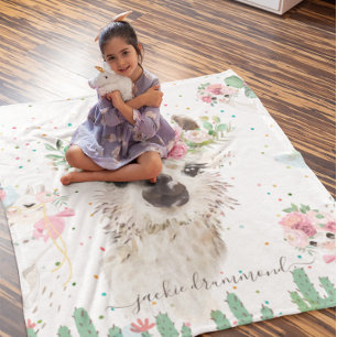 Floral Llama Face   Signature Monogram Fleece Blanket