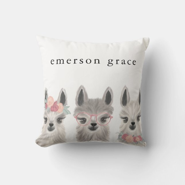 Floral Llama Name Throw pillow (Front)