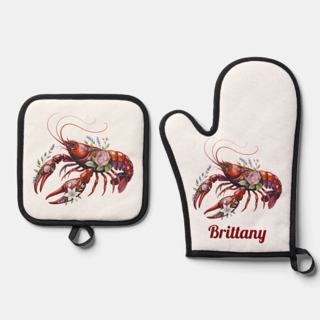 Floral Lobster Crawfish Art Custom Oven Mitt & Pot Holder Set (Front)