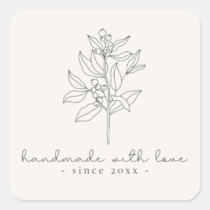 Floral logo, handmade with love milk white square sticker