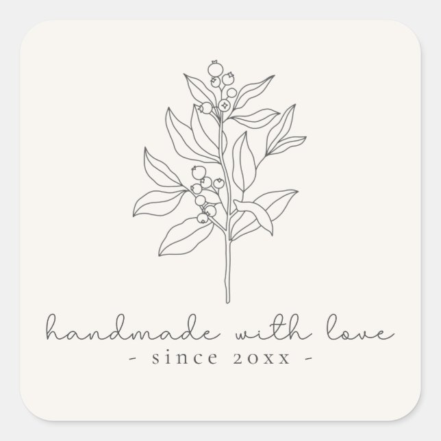 Floral logo, handmade with love milk white square sticker (Front)
