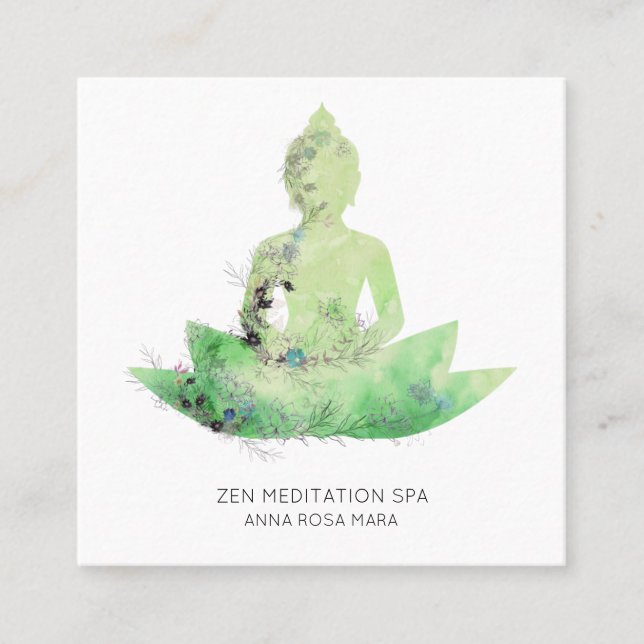*~* Floral Lotus Buddha Meditation QR  AP33 Mint Square Business Card (Front)