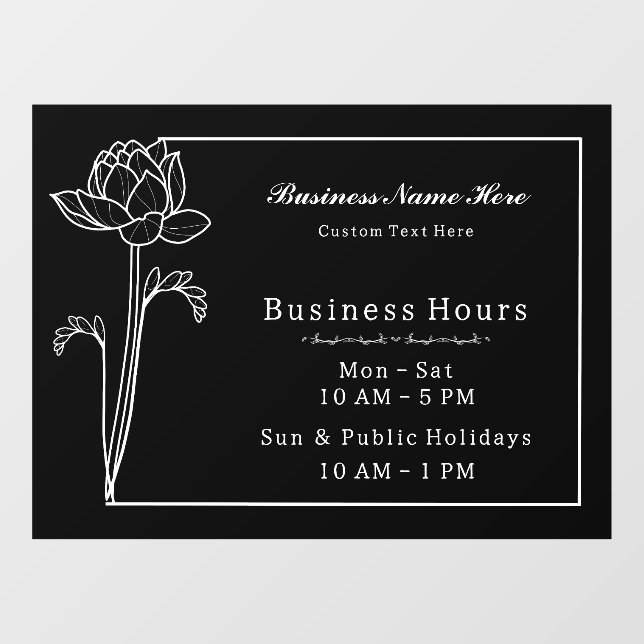 Floral Lotus Simple Elegant Business Open Hours Window Cling (Sheet)