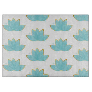 Floral Lotus Watercolor Seafoam Blue & Faux Gold Cutting Board