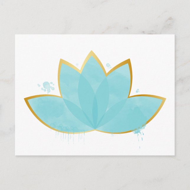 Floral Lotus Watercolor Seafoam Blue & Faux Gold Postcard (Front)