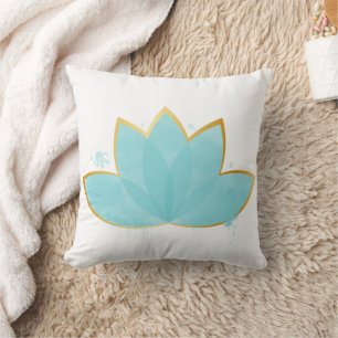 Floral Lotus Watercolor Seafoam Blue & Faux Gold Throw Pillow