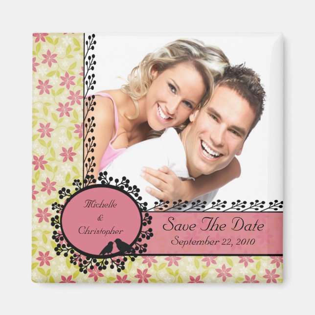 Floral Love Birds Photo Save The Date Magnet (Front)