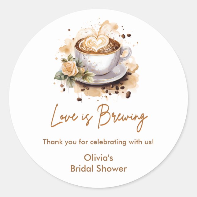 Floral Love is Brewing Brown Coffee Bridal Shower Classic Round Sticker (Front)