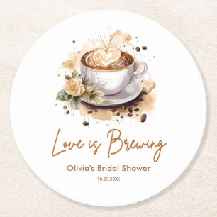 Floral Love is Brewing Brown Coffee Bridal Shower  Round Paper Coaster