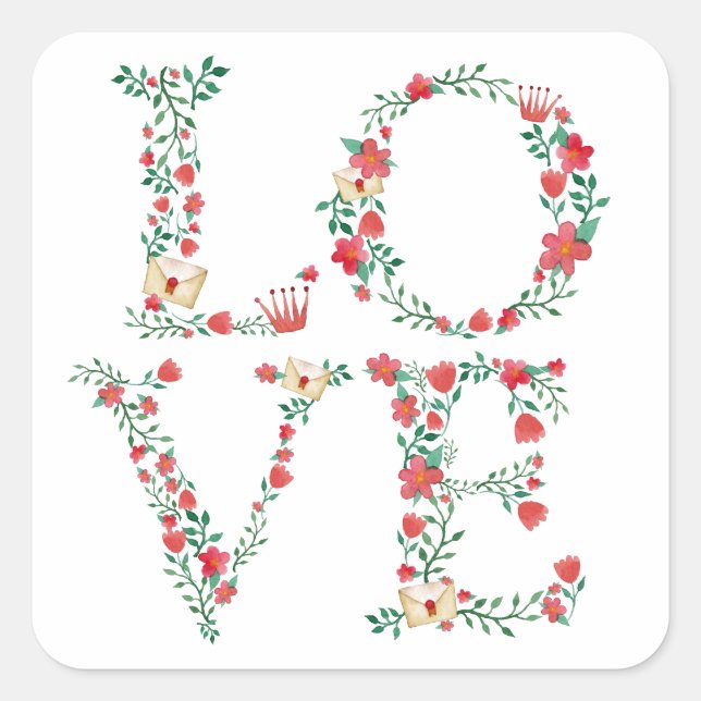 Floral LOVE Letters Valentine's Square Sticker (Front)