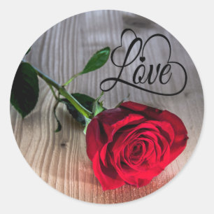 Floral Love Red Rose Flower Rustic Wood Classic Round Sticker
