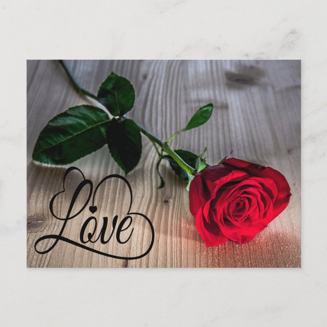 Floral Love Red Rose Flower Rustic Wood Postcard (Front)