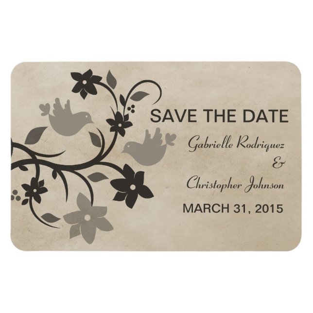 Floral Lovebirds Save the Date Magnet, Grey Magnet (Horizontal)