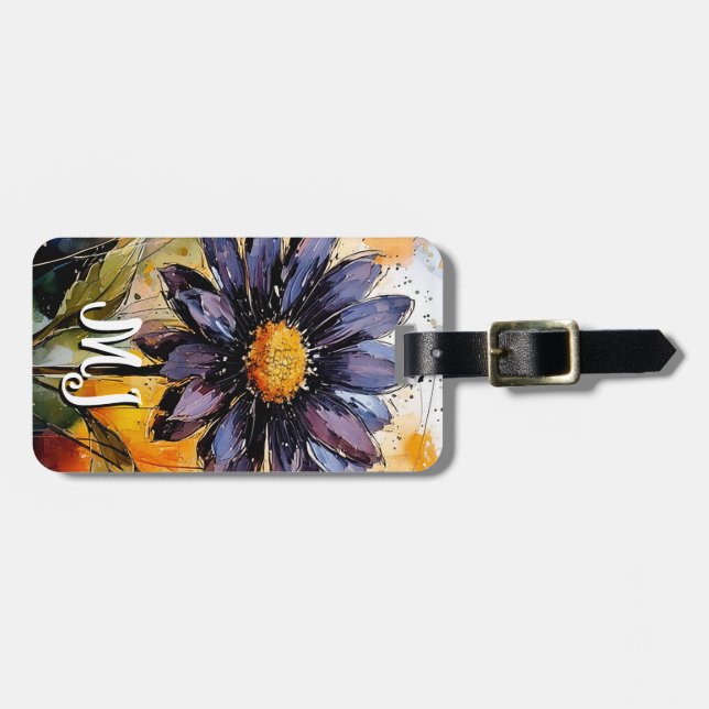 Floral luggage tag with personalized monogram (Front Horizontal)