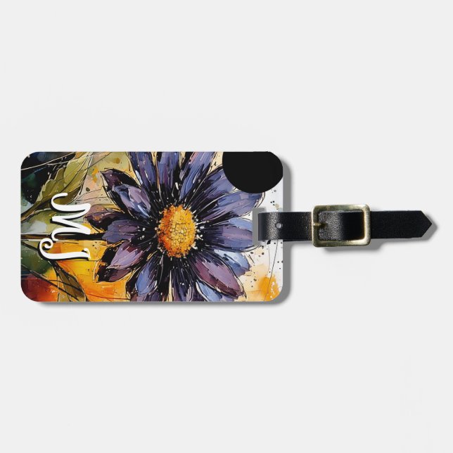 Floral luggage tag with personalized monogram (Front Horizontal)