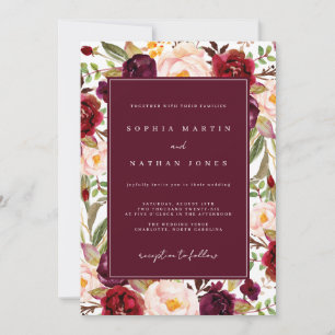 Floral Lush Burgundy Green Watercolor Wedding Invitation