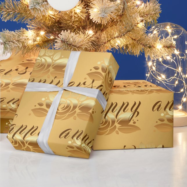 Floral Luxury Happy Gold  50th Anniversary Wrapping Paper (Holidays)