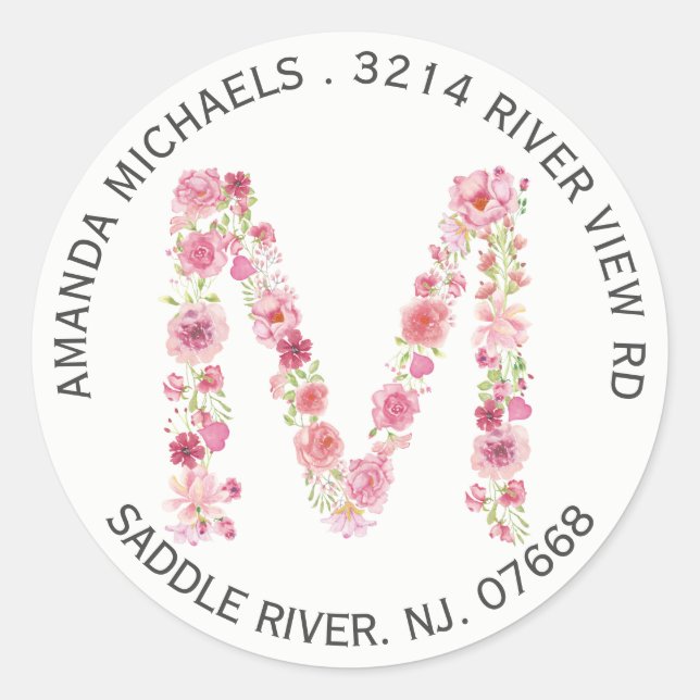 Floral M Initial Monogram Return Address Sticker (Front)