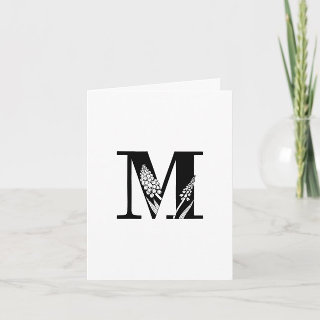 Floral M Monogram On White Note Card (Front)