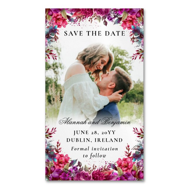 Floral Magenta Photo Budget Save the Date Magnets (Front Vertical)