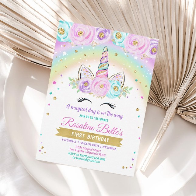 Floral Magical Rainbow Unicorn Birthday Invitation (Creator Uploaded)