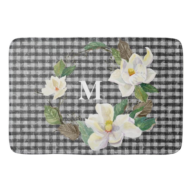 Floral Magnolia Black and White Check w Monogram Bath Mat (Front)