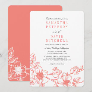 Floral Magnolia Branch   Coral    Wedding Invitation