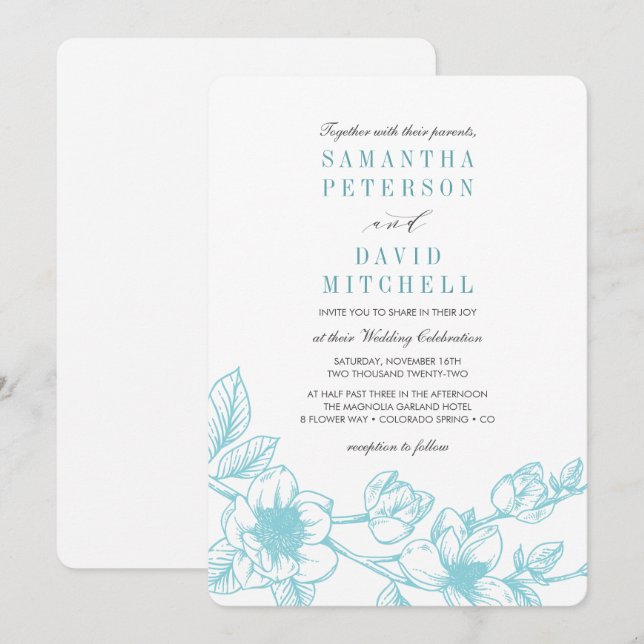 Floral Magnolia Branch | Pale Blue | Wedding Invitation (Front/Back)