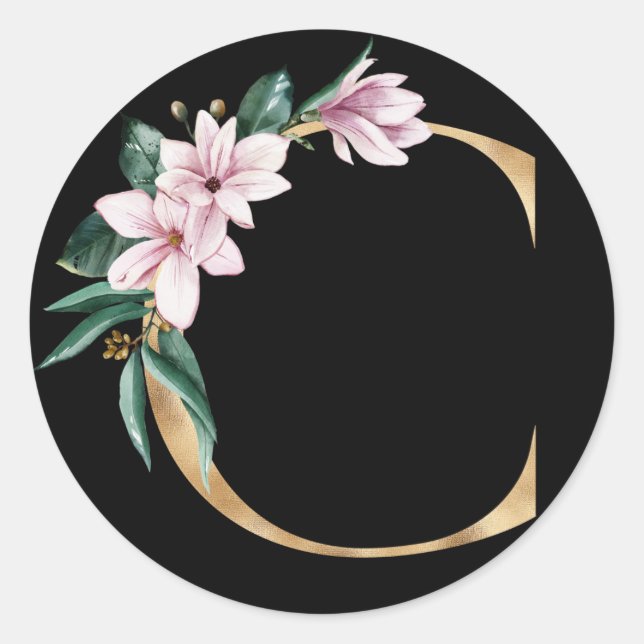 Floral magnolia monogram in gold letter C Classic Round Sticker (Front)