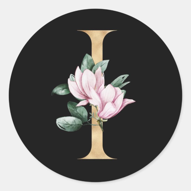 Floral magnolia monogram in gold letter I Classic Round Sticker (Front)