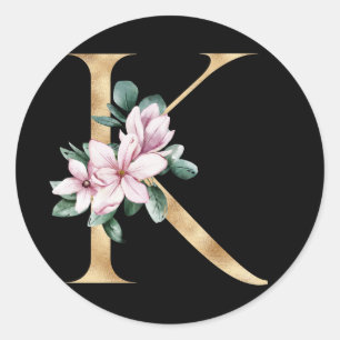 Floral magnolia monogram in gold letter K Classic Round Sticker