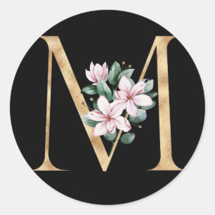 Floral magnolia monogram in gold letter M Classic Round Sticker