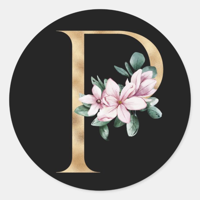 Floral magnolia monogram in gold letter P Classic Round Sticker (Front)