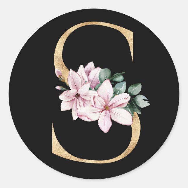 Floral magnolia monogram in gold letter S Classic Round Sticker (Front)