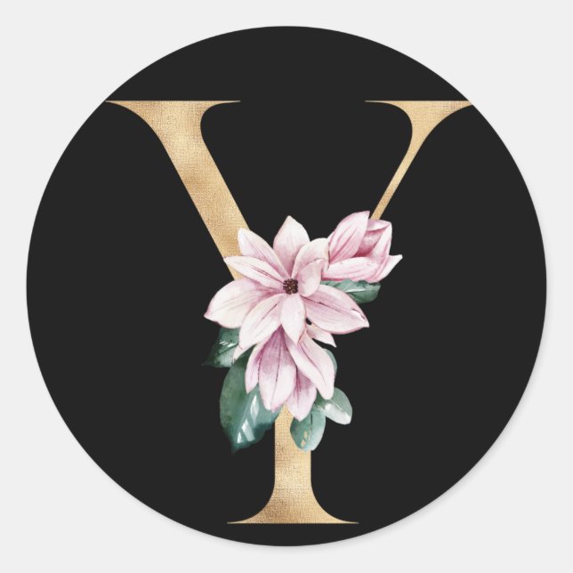 Floral magnolia monogram in gold letter Y Classic Round Sticker (Front)