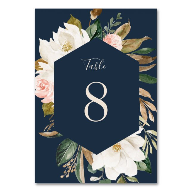 Floral Magnolia Neutral Navy Blush Table Number (Front)